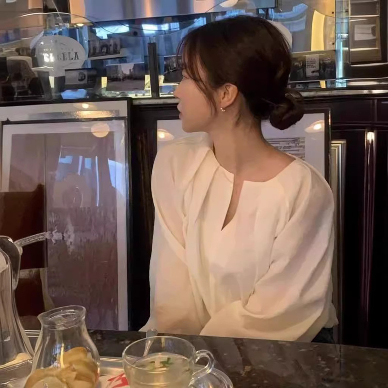 Clearance of Unique Items: Elegant and Ethereal, Gentle and Atmospheric Silhouette, Ks Tailored Pleated Loose V-Neck Long-Sleeve Shirt Top