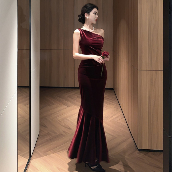 Red velvet evening dress