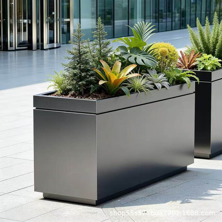 Barrera de hierro forjado al aire libre tanque de flores de acero inoxidable combinación caja de plantación rectangular departamento de ventas plaza carretera municipal
