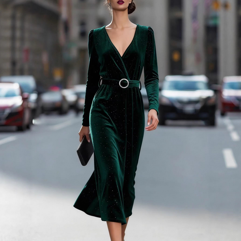 European and American Style Evening Dress, Sexy Cross V-Neck, Long Sleeves, Waist-Cinching Mid-Length Dress, Elegant French-Style Sequined Velvet Dress