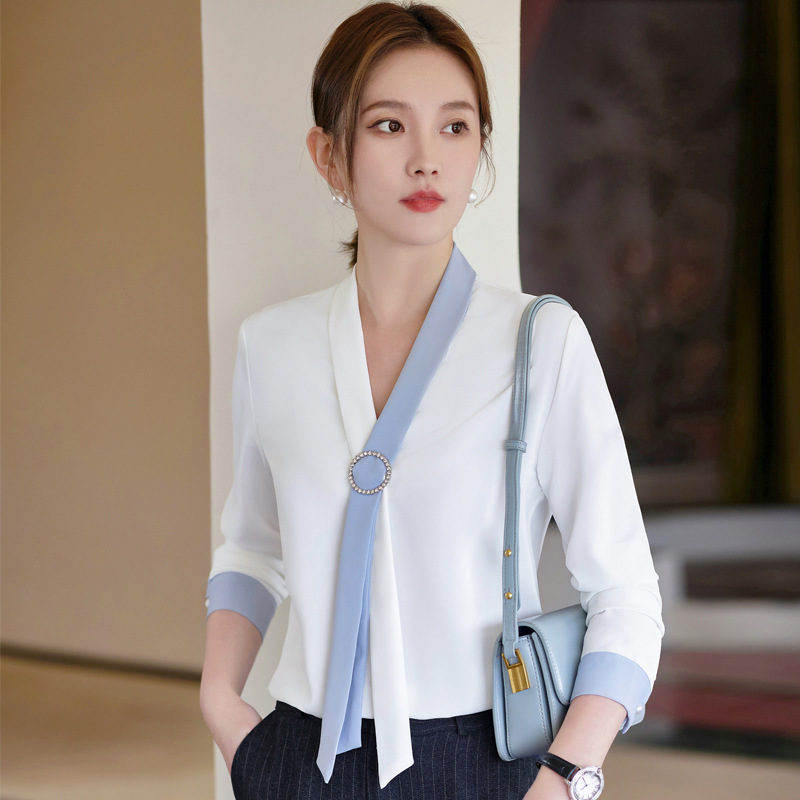 White shirt Women's ribbon design sense niche chiffon top Autumn 2023 new work clothes professional silk shirt