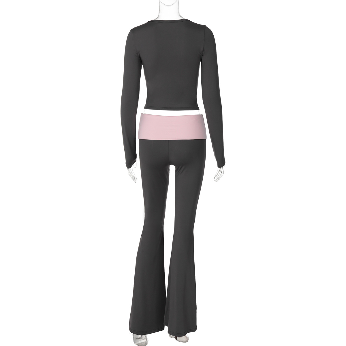 Women Clothing Autumn Contrast Color Round Neck Long Sleeve Bell Bottom Pants Two Piece Set Rhinestone Suit