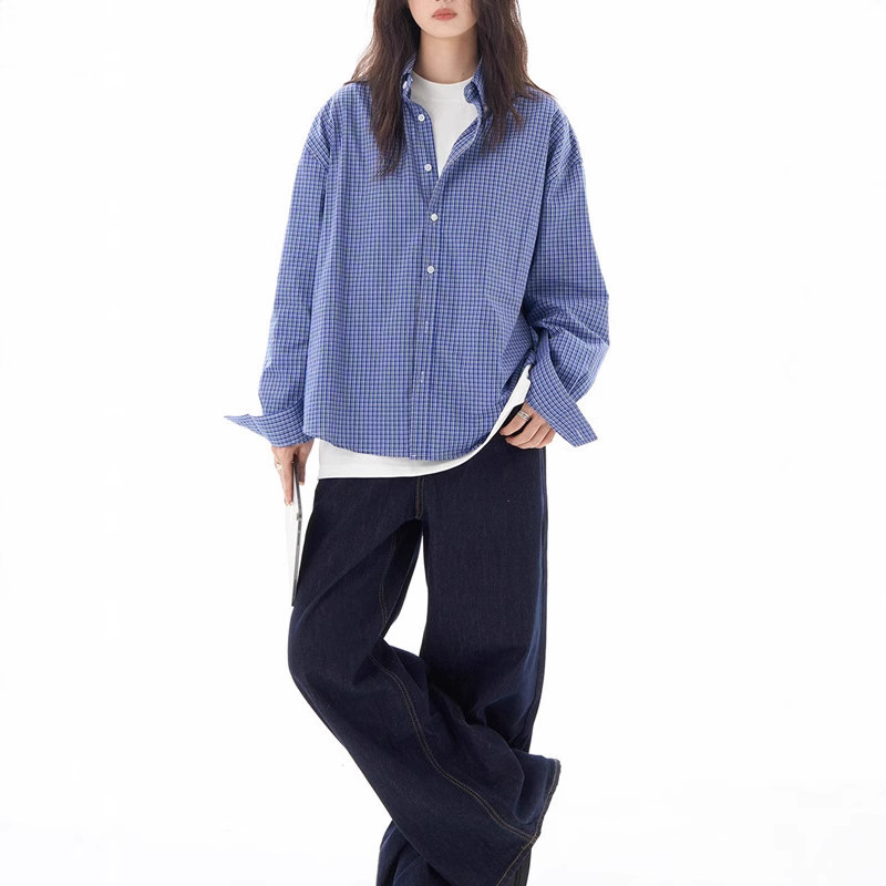 미국 레트로 블루 체크 셔츠 긴팔 남자와 여자의 감각 캐주얼 느슨한 올 매치 커플의 셔츠 재킷 트렌디