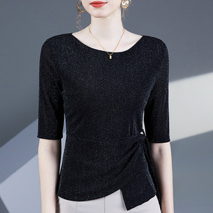 Quarter-Sleeved T-Shirt Women's Summer New Women's Round Neck Mesh T-Shirt Asymmetrical High Waist Strap Waist Women's Top