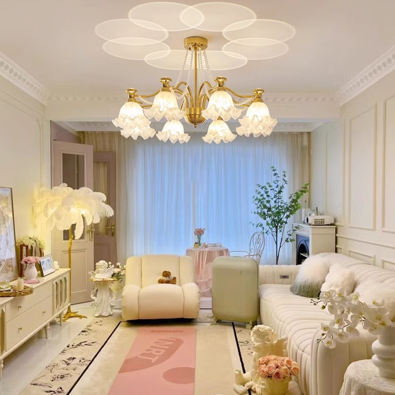 Araña de sala de estar francesa, creatividad personalizada, crema medieval, lámpara de flor cálida, lámpara de protección ocular de proyección de espectro completo para dormitorio