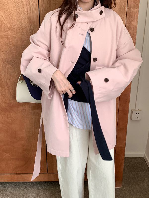 格纹卷边袖口立领风衣女秋季2025新款韩版宽松显瘦百搭中长款外套|undefined