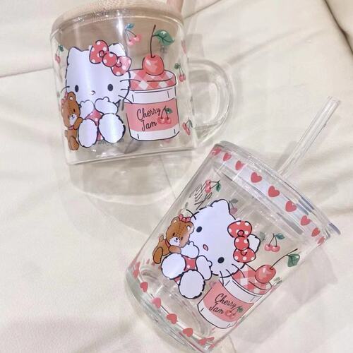 New Ins Borosilicate Glass Handle Printed Milk Cup Microwaveable Household Glass Water Cup