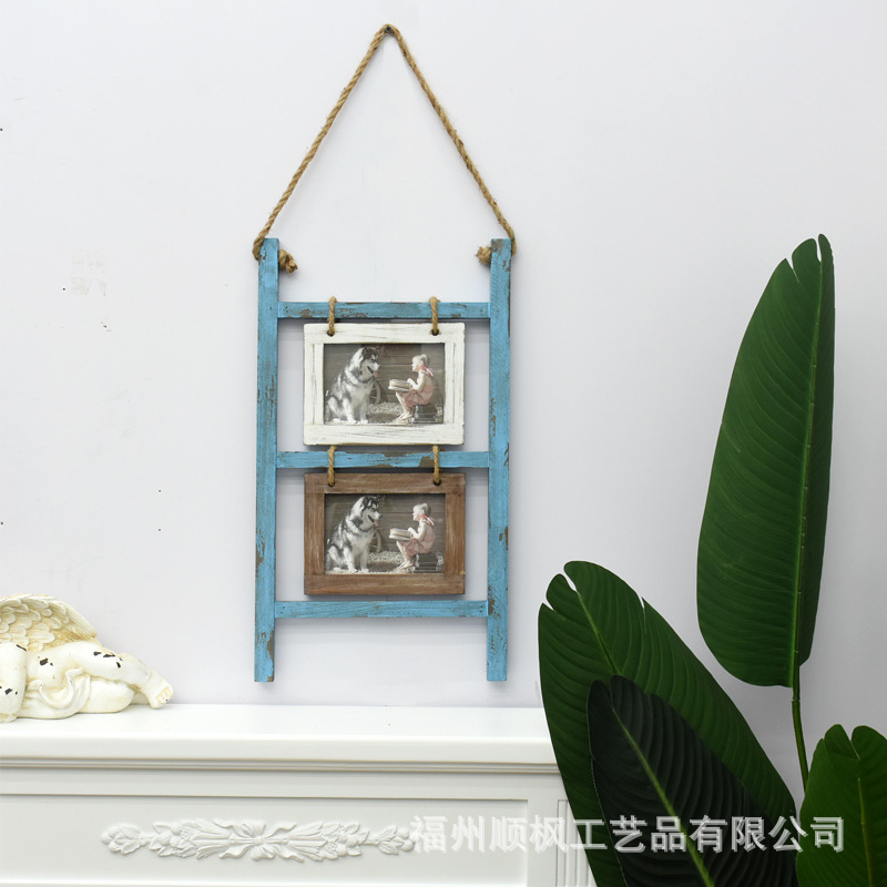 Custom Wholesale 4X6 European Rural Farmhouse Style Wooden Collage Picture Frame Hemp Rope Ladder Hanging Wall Photo Frame