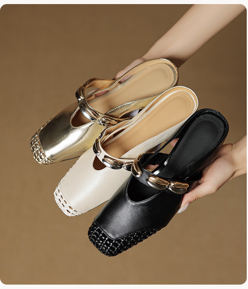Giày mule nữ da bò đế xuồng hở gót, thiết kế khoét lỗ thoáng khí, gót vừa phải — đen chi tiết 10