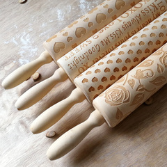 Manufacturer direct supply wooden Valentine's Day roses rolling pin, wood-carved rolling pin, cookie biscuits dough roller