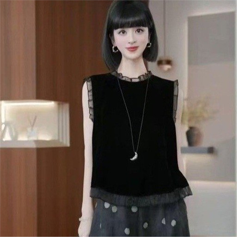 Dropshipping Tiktok 2026 Summer New Velvet Korean-Style Elegant Ruffled Sleeveless Shirt T-Shirt for Women