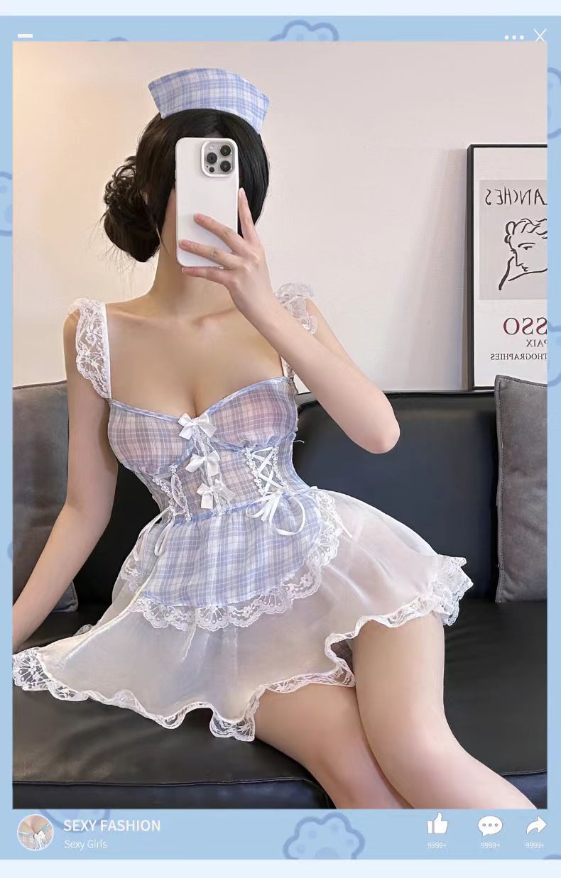 Lace Maid Costume Lingerie Set with Sling Dress and White Butterfly Stockings — detail image 7