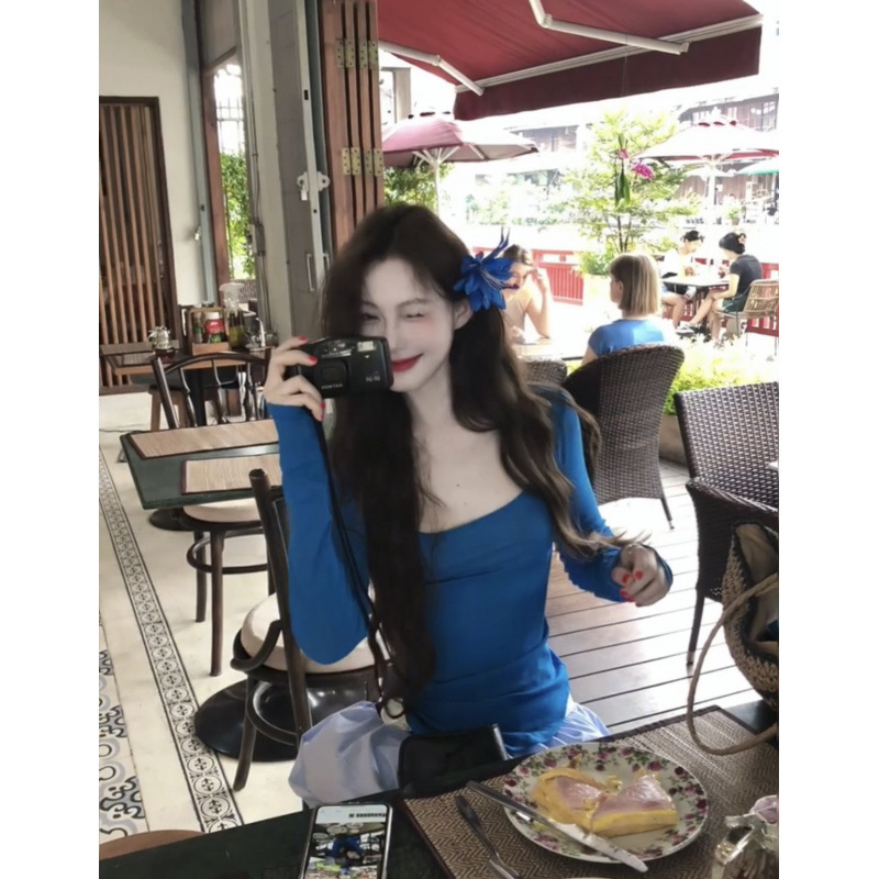 Spring and Autumn Unique Chic Sweet Spice Girl Slim-fit Square Collar Short Top Design Super Beautiful Blue Long Sleeve T-shirt for Women
