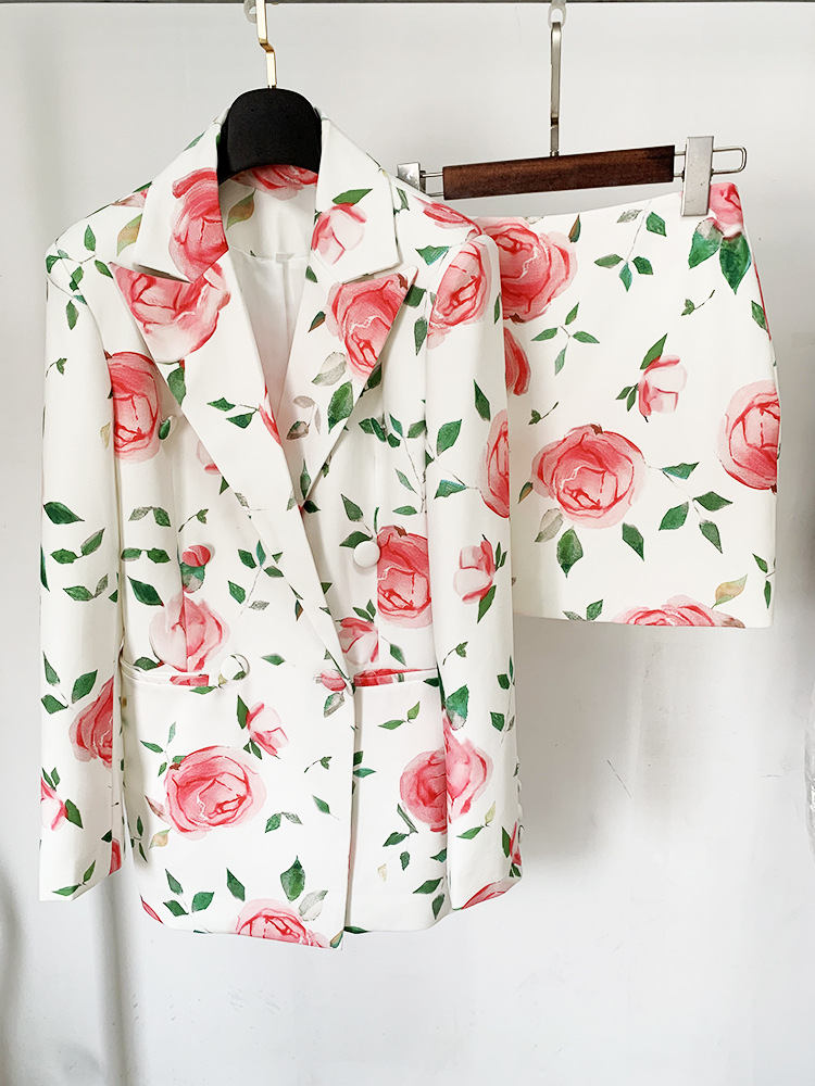 Rose Printed Double Breasted Skirt Set Two Pieces
