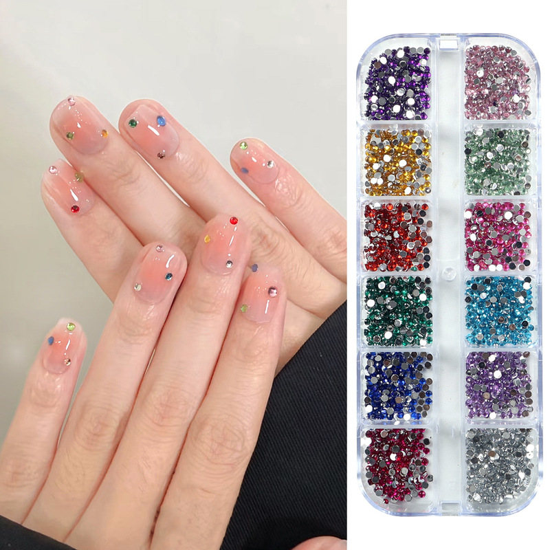 2025 Cross-Border 12-Grids Boxed Nail Art Jewelry Mixed Sizes and Colors Super Flash Flats Bottom Round Diamond Nail Stickers Diamond Jewelry