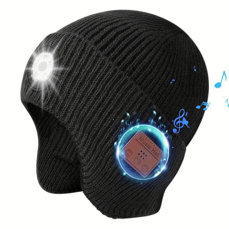 Bluetooth beanie hat with LED light and built‑in headphones, warm knit, lightweight