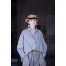 秋季新品文艺复古原创女装灰色纯棉衬衣温润宽松休闲小翻领衬衫