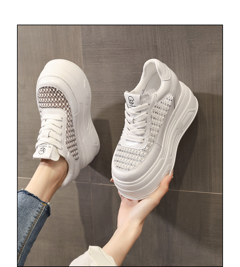 Giày sneaker nữ đế dày lưới thoáng, phối đá rhinestone, tăng chiều cao — màu trắng chi tiết 14