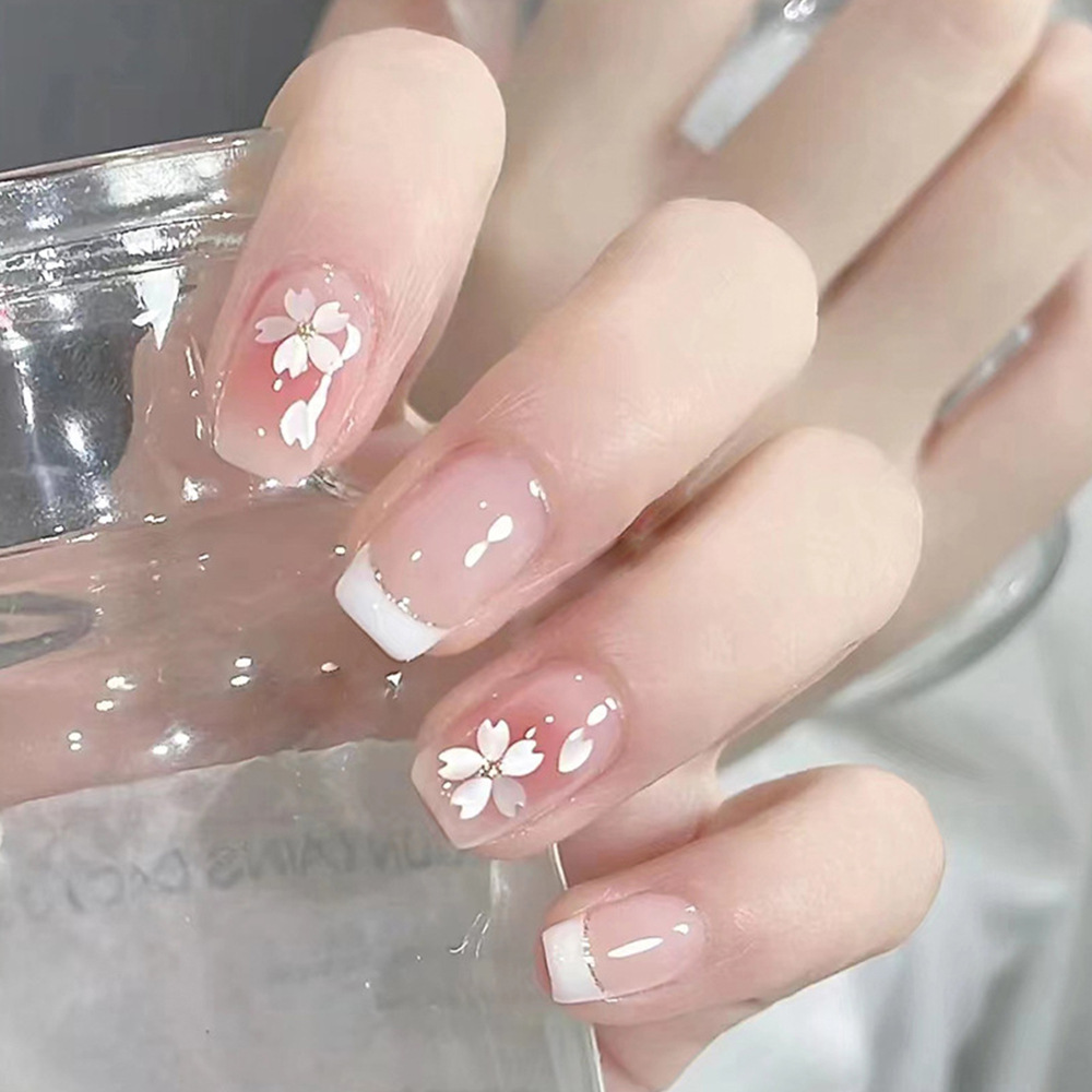 Dulce borde blanco uñas francesas uñas rubor parche de uñas degradado pequeño libro rojo flor de venta caliente uñas