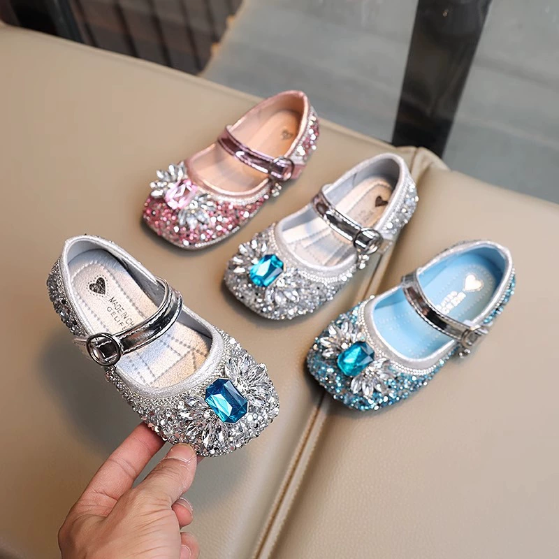 Туфли принцессы для девочек, весна-осень 2024, новые модные туфли со стразами для маленьких девочек, туфли Эльзы на мягкой подошве для детей и детей среднего возраста