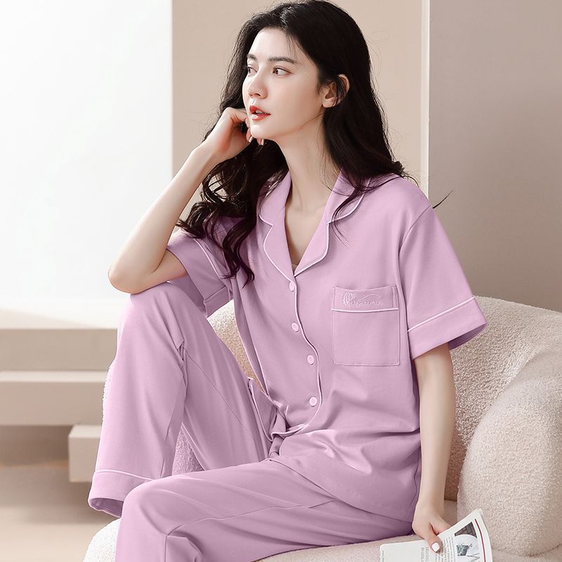 Nuevos pijamas de verano de las mujeres pantalones de manga corta 100% algodón Delgado solapa casual de las mujeres mamá ropa de casa traje de verano