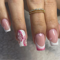 Exploding golden pink butterfly love manicure medium and long European square fake nails wearable finished nails for women only