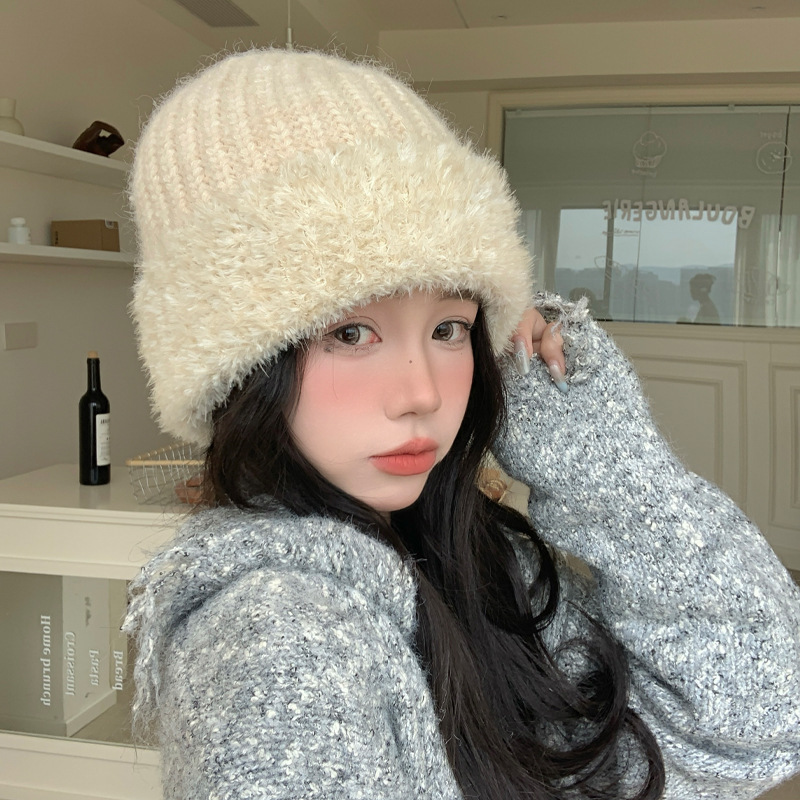 冬季毛绒针织帽韩系简约百搭毛线帽加厚帽子女款休闲大头围保暖帽