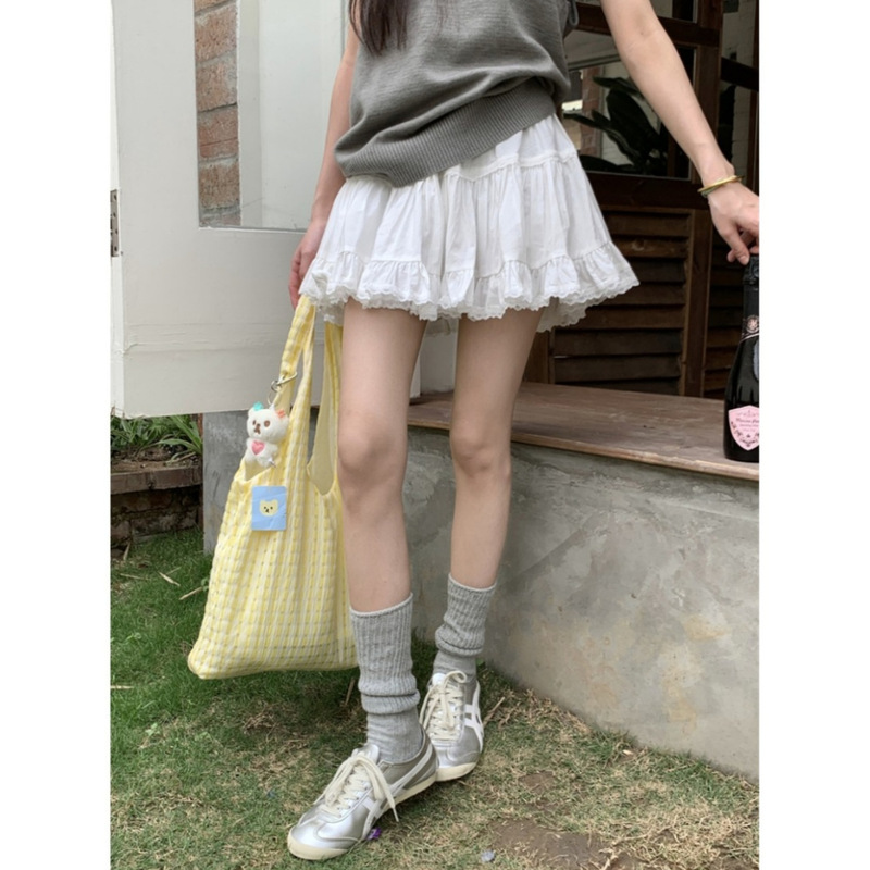 Hot Girl White Lace Cake Skirt Women's Autum New French Ballet Style High Waist A-Line Skirt Short Culottes