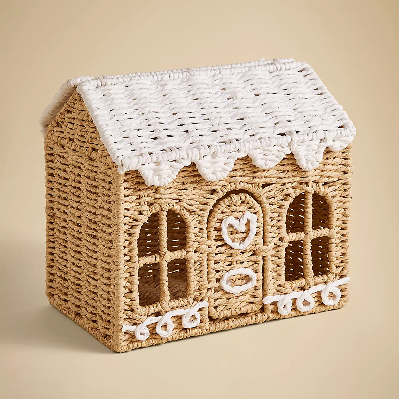 Cestas de juguetes de niños de tela de cuerda de papel casera Navidad vestir pan de jengibre cabaña canasta de almacenamiento props de fotografía