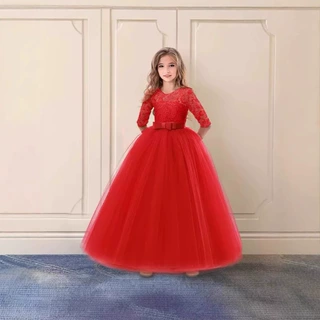 女童蝴蝶结蓬蓬裙花童婚纱礼服童裙girldress公主七分袖连衣裙