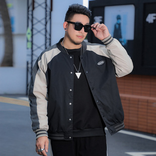 T373 plus size men's single-breasted jacket Black in stock color matching casual stand collar loose spring and autumn baseball uniform