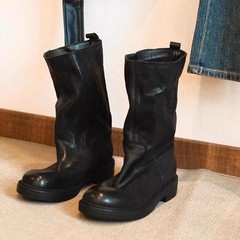 牛皮版~真皮复古黑色圆头褶皱中筒靴子女堆堆靴英伦风骑士靴短靴