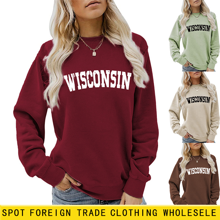 Cross-border European and American women's autumn and winter tops, Wisconsin letter European and American print casual loose crew neck sweatshirt