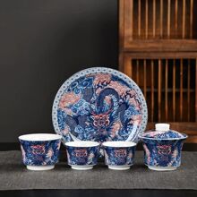 中国风青花釉里红龙纹三才盖碗高档悬停泡茶碗家用功夫茶具小套组