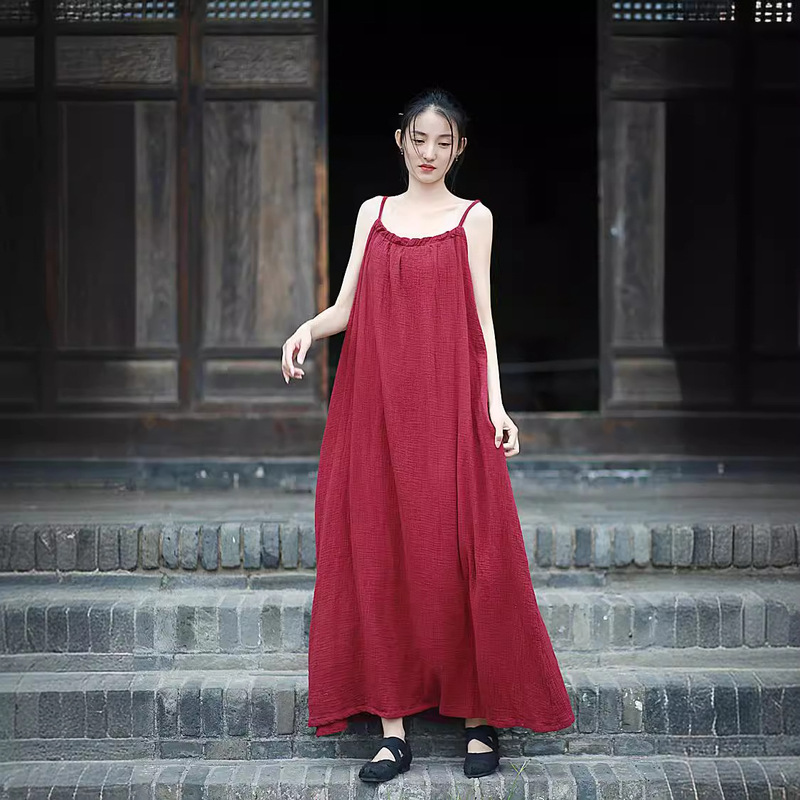 Double-Layer Gauze Pleated Suspender Skirt with Pleated Collar Design Long Dress Travel Photography Cool Style 5 Colors