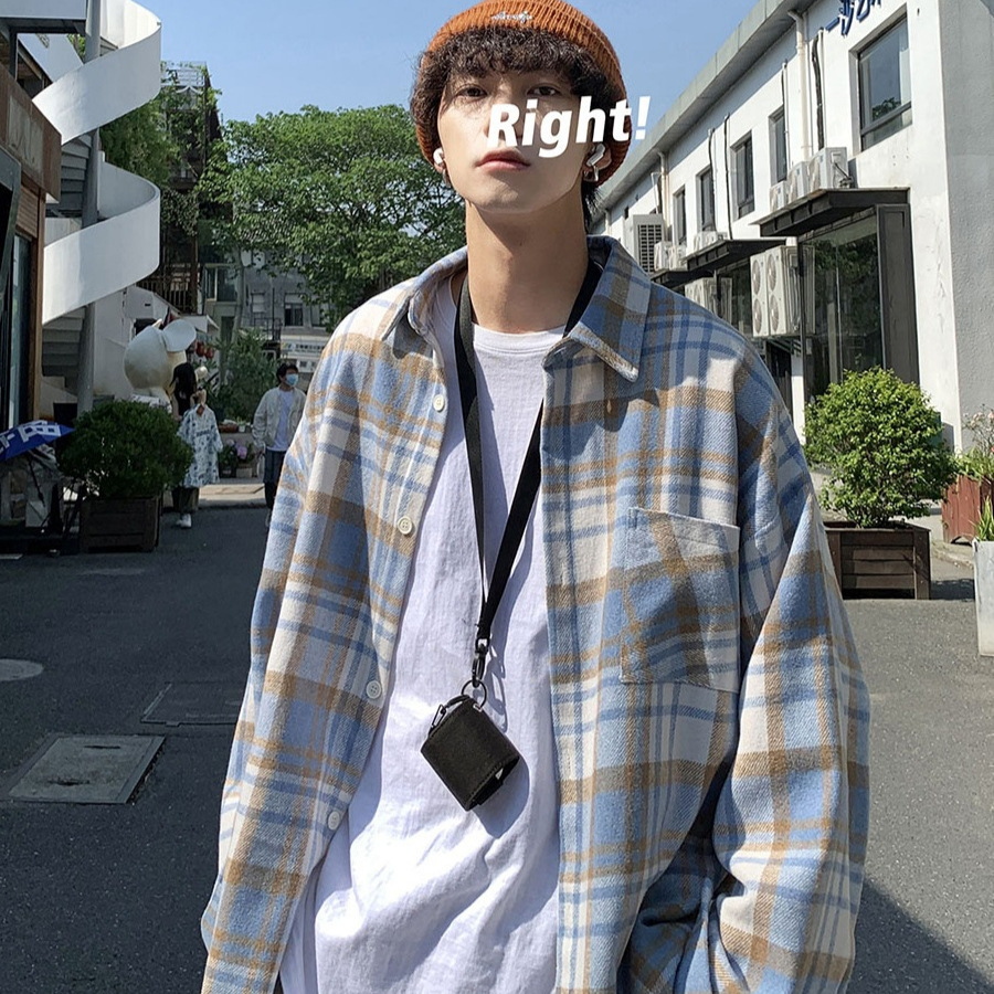 Camisa a cuadros de lana de alta gama de ropa de trabajo de la marca de moda Camisa de calle secundaria de manga larga suelta de estilo vintage para hombre