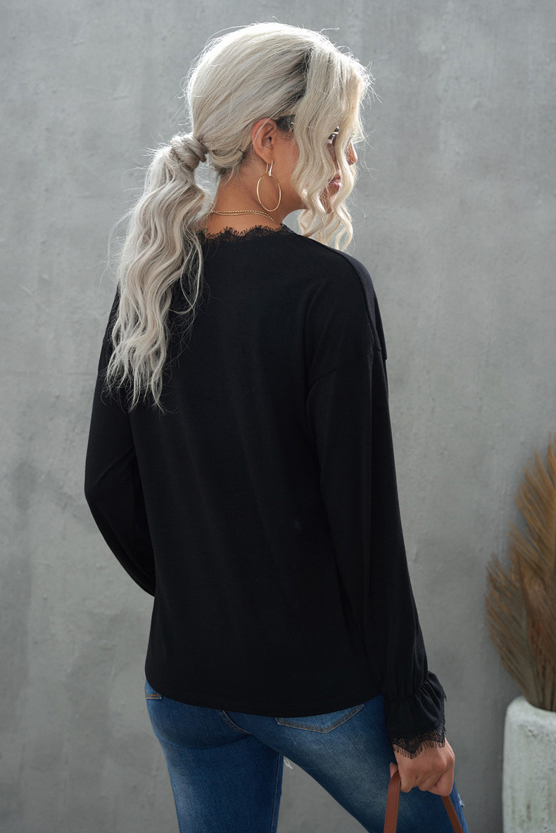 solid color lace V-neck long-sleeved T-shirt nihaostyles wholesale clothing NSQSY87473