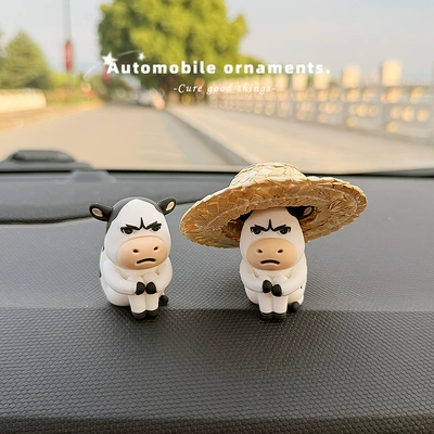 Doll Car Dashboard Desktop — Car ornaments - 2-pack-emo-cow-straw-hat-cow-free-traceless-glue