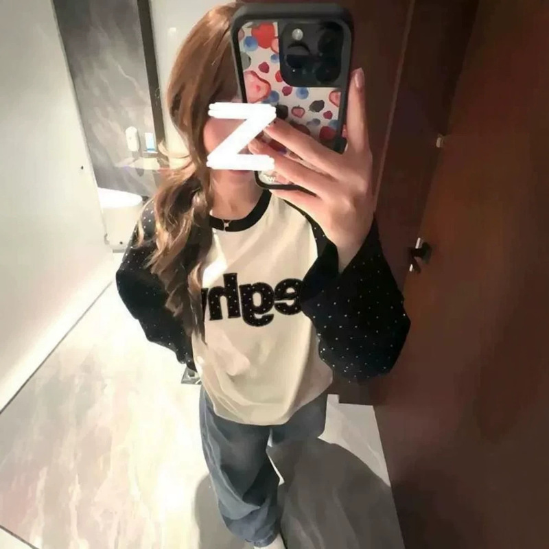 [210g 40-count cotton] American retro polka dot raglan sleeve autumn short-sleeve T-shirt for women, loose-fitting embroidered top