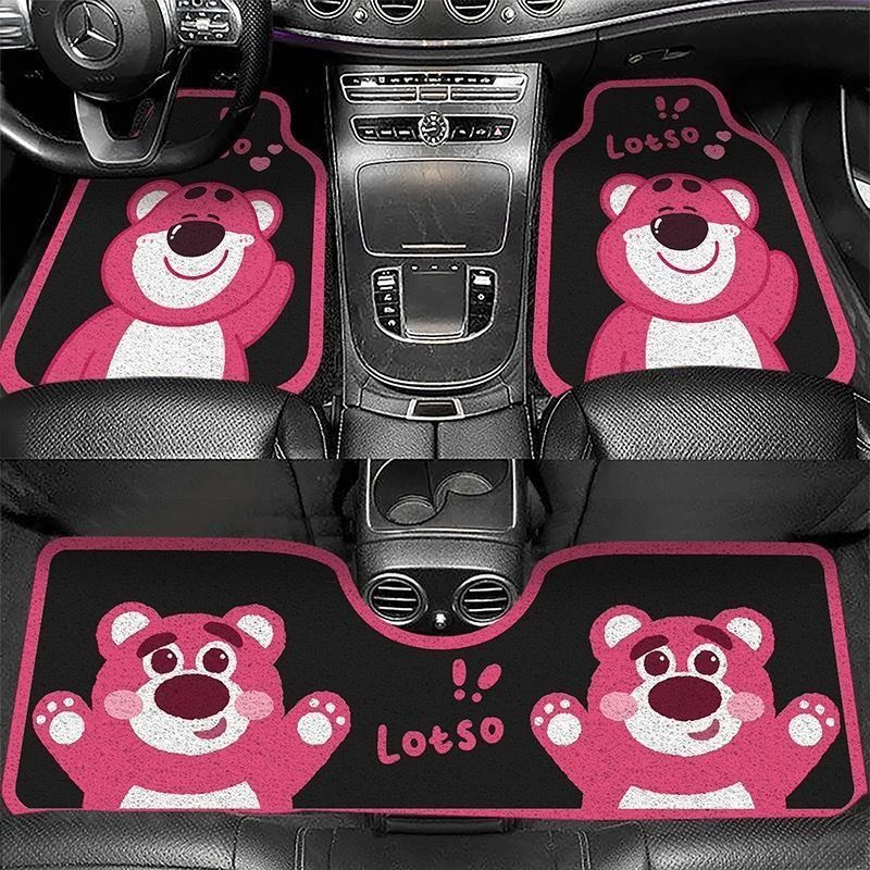 Hot-Selling Cartoon Strawberry Bear Silk Loop Car Floor Mats, Dirt-Resistant, Wear-Resistant, Easy to Care For, Three-Piece Car Mat Set
