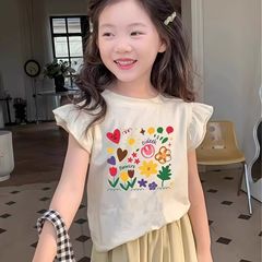 デザイン感純綿女児半袖tシャツ夏の新型飛袖中小児童ファッション百合丸襟上着