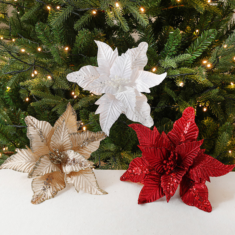 Navidad nueva flor de Navidad rojo flocado tela simulación brillo árbol de Navidad decoraciones Comercio exterior misma flor de Navidad