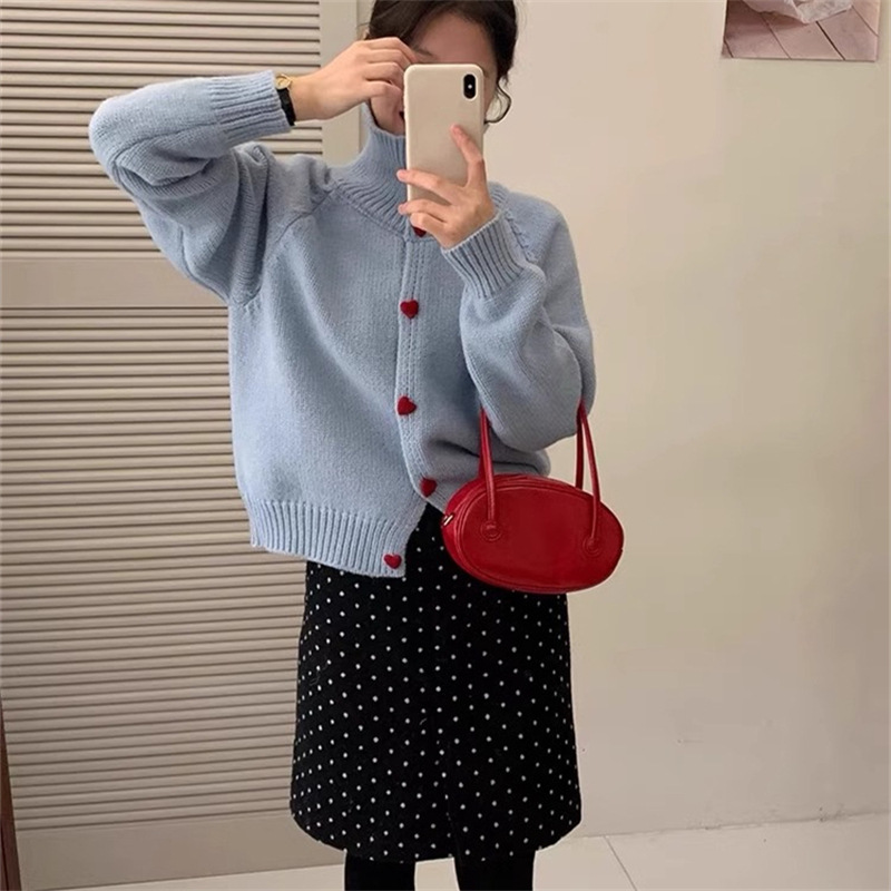 温柔风纯色爱心扣翻领毛衣外套女秋冬宽松显瘦高领针织开衫上衣女|undefined