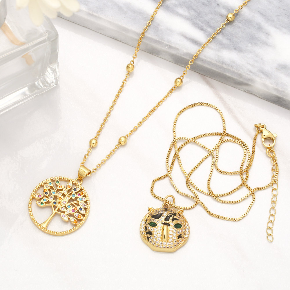 fashion leopard head pendant simple color zircon tree of life pendant copper necklace
