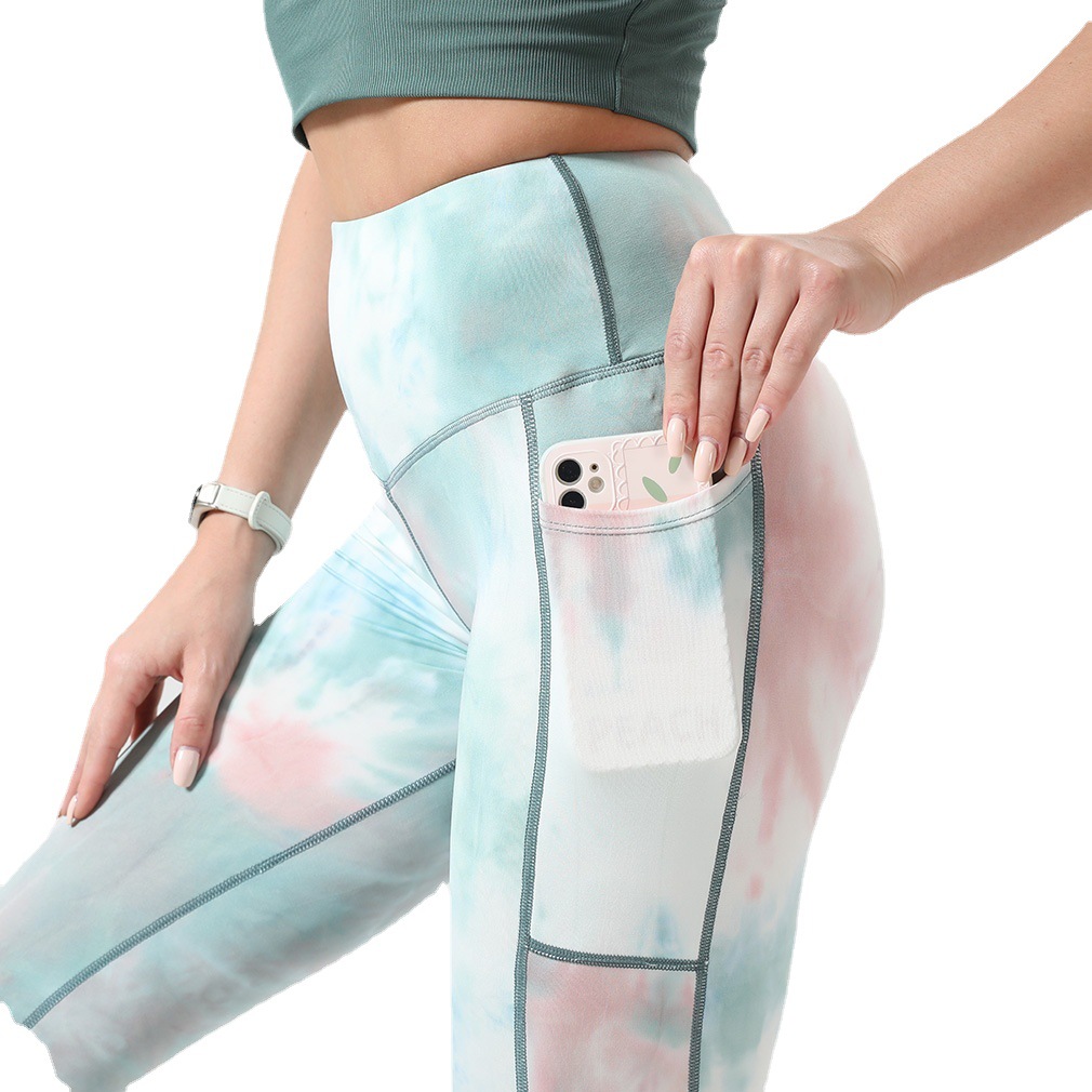 2021新款扎染蜜桃菊花裤高腰提臂紧身口袋裸感裤紧身运动瑜伽裤女