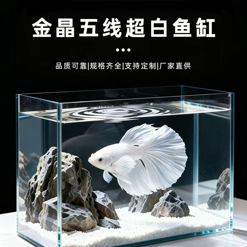 桌面小型缸玻璃金晶五线超白鱼缸客厅迷你裸缸高清透光造景水族箱