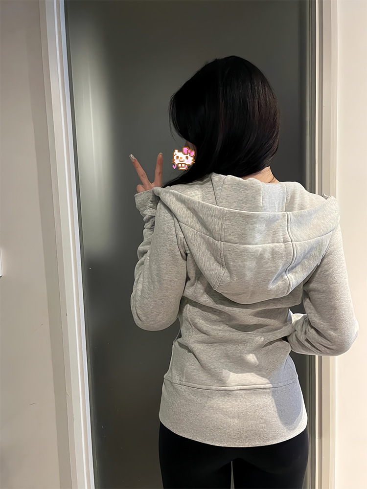 白花灰色外套女春秋冬美式连帽卫衣小个子休闲拉链开衫短上衣