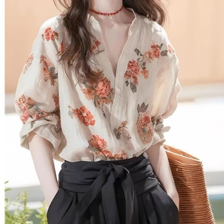 Áo sơ mi nữ dài tay họa tiết hoa nhí đi làm — Màu ảnh chi tiết 2