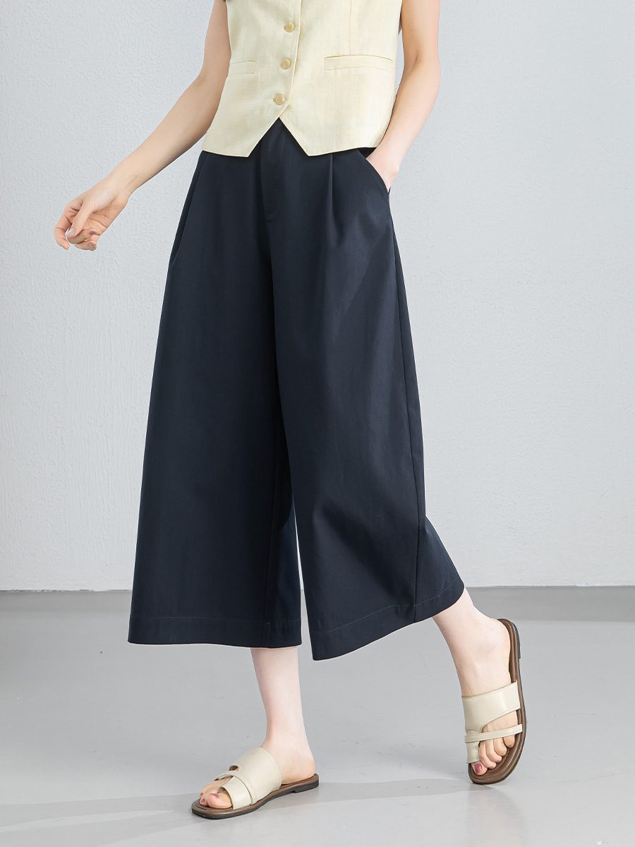 Quần culottes nữ ống rộng cạp điều chỉnh xếp ly mùa hè — màu xanh navy
