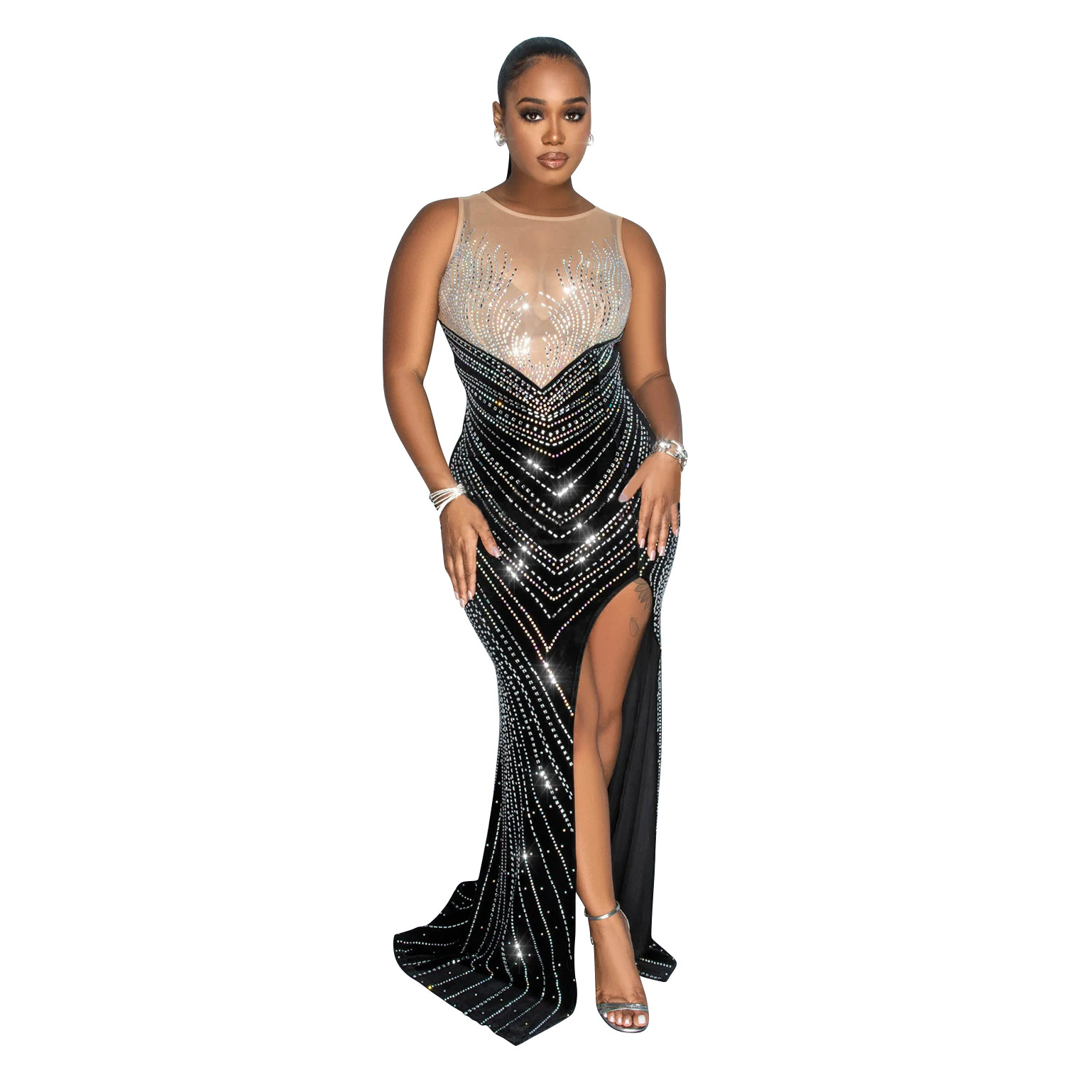 C6807 transfronteriza AliExpress Amazon europeo y americano de las mujeres de moda de color sólido cuello redondo sin mangas vestido de diamantes de imitación vestido image 7